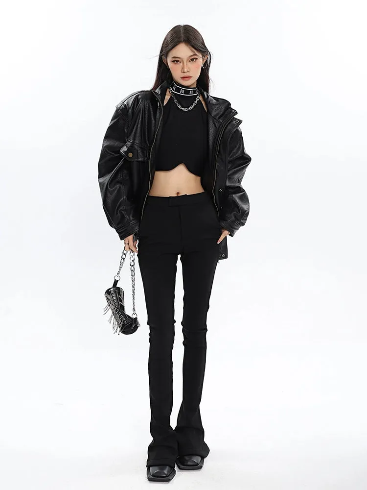 Drop Shoulder Faux Leather Bomber Jacket