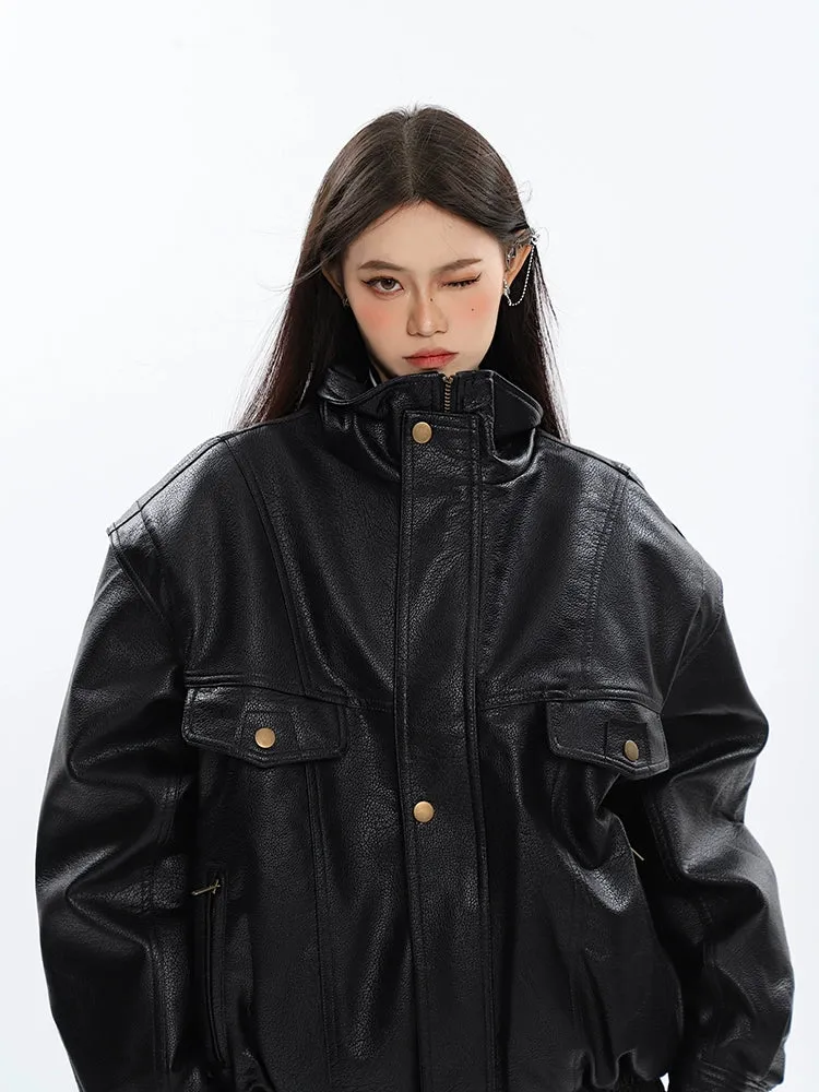 Drop Shoulder Faux Leather Bomber Jacket