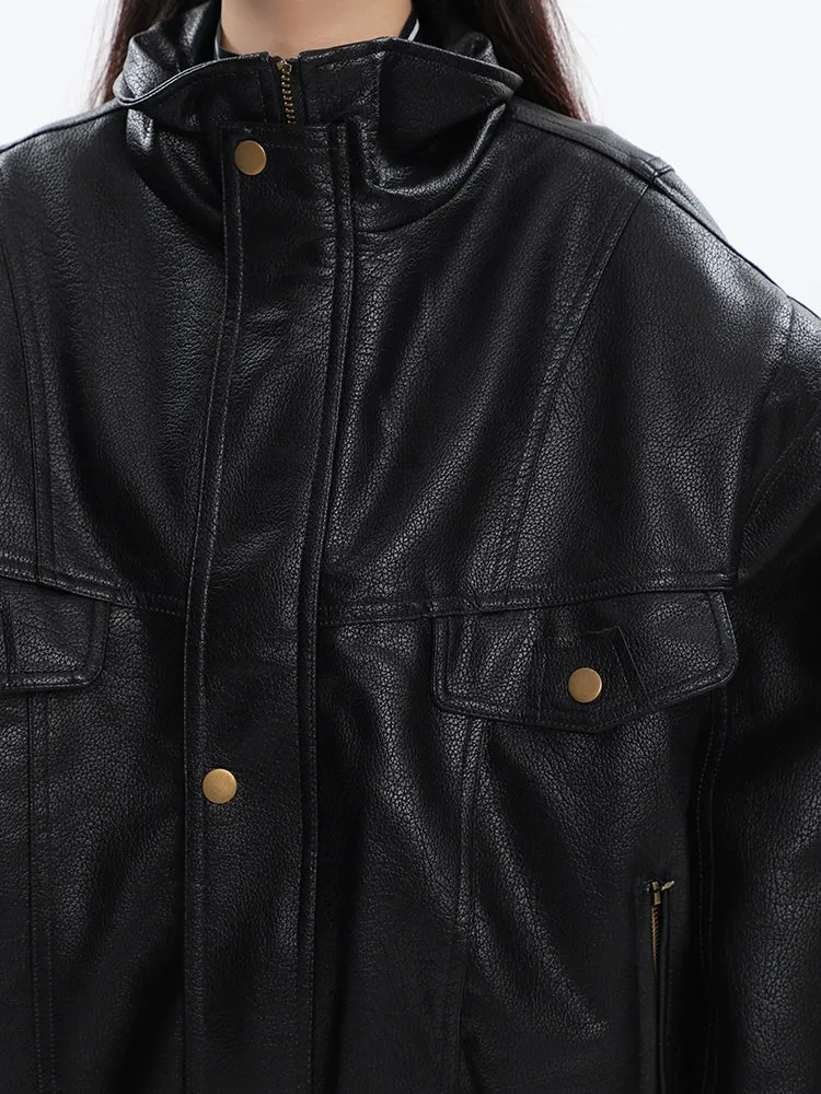 Drop Shoulder Faux Leather Bomber Jacket