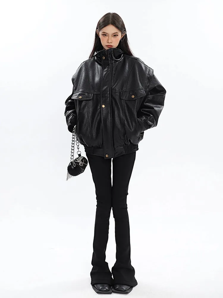 Drop Shoulder Faux Leather Bomber Jacket