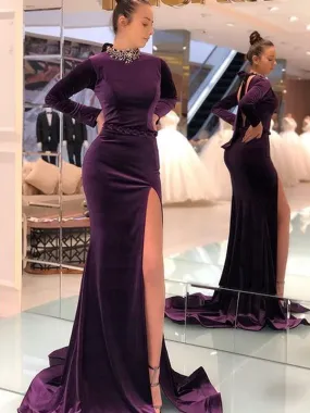 Elegant High-neck Mermaid Velvet Side Slit Long Prom Dresses Online,SFPD0114