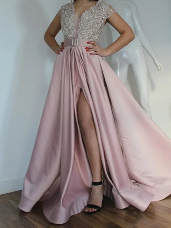 Elegant V-neck A-line Satin Side Slit Long Prom Dresses Online,SFPD0113