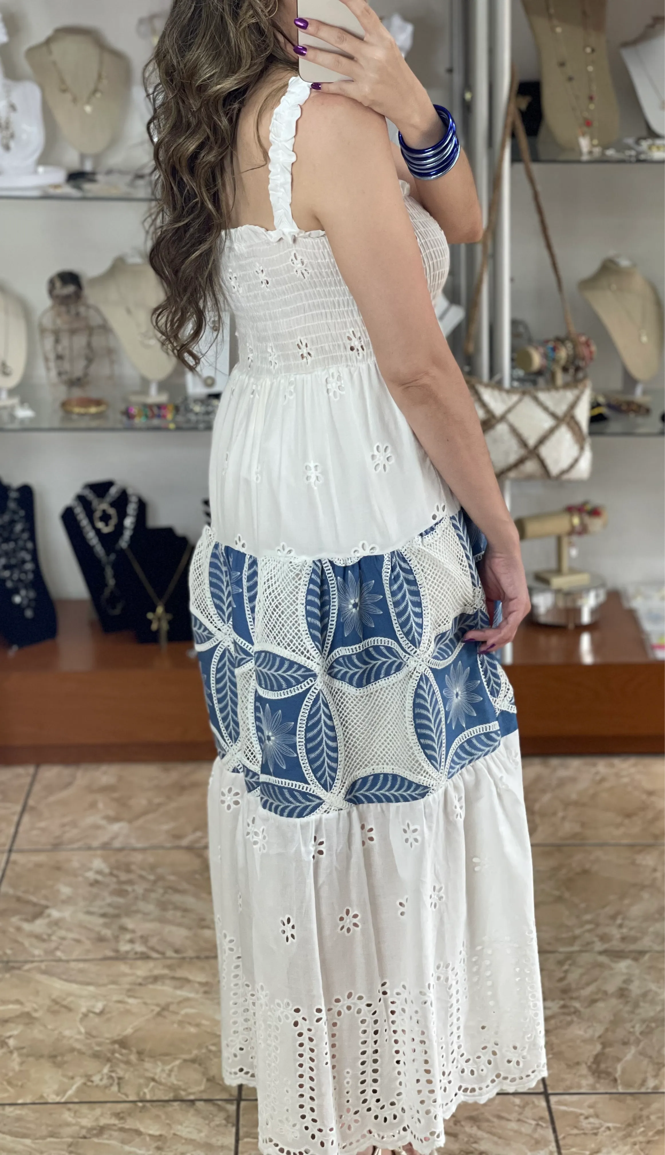 Eyelet/Denim Sleeveless Maxi Dress