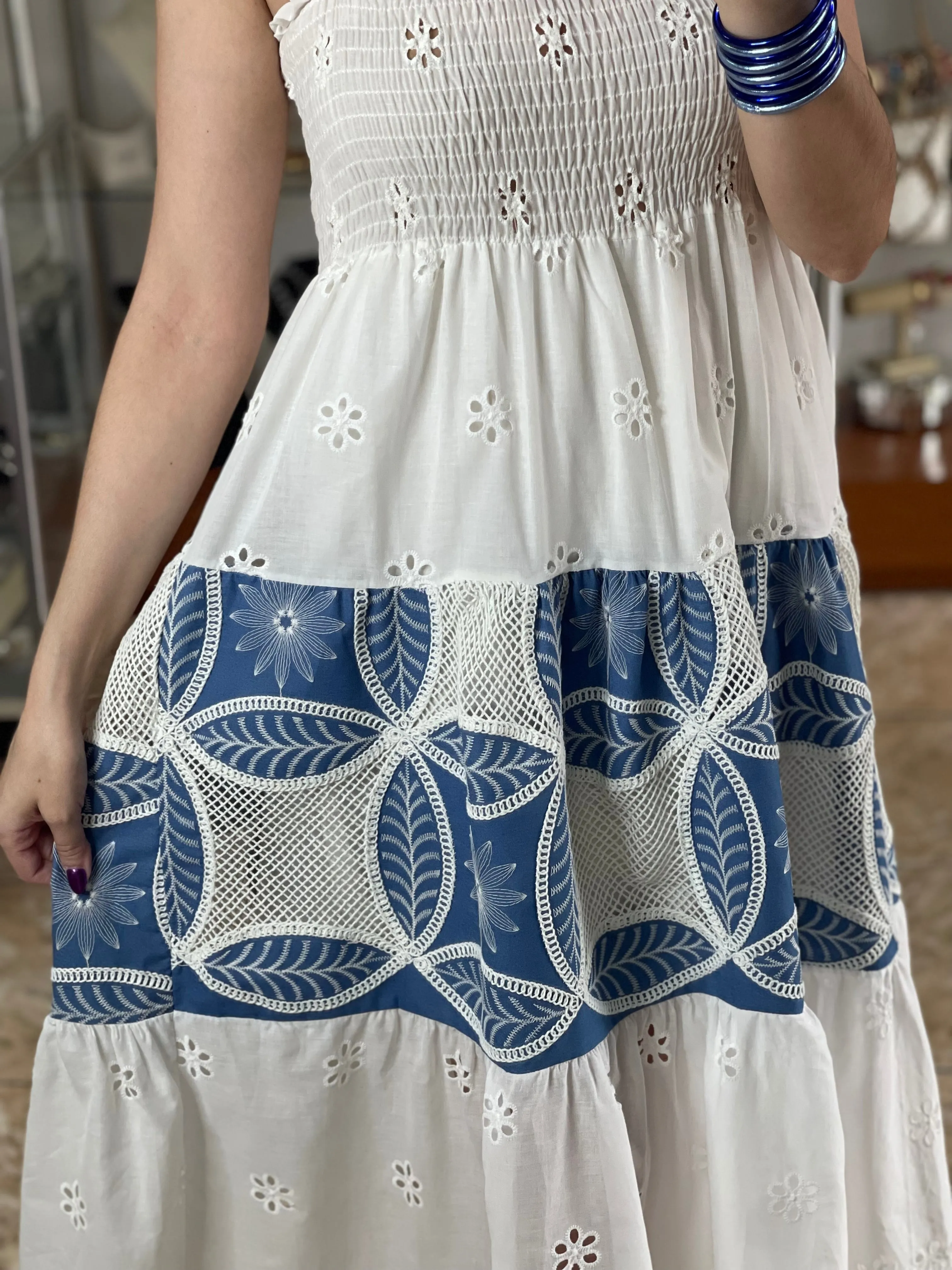 Eyelet/Denim Sleeveless Maxi Dress