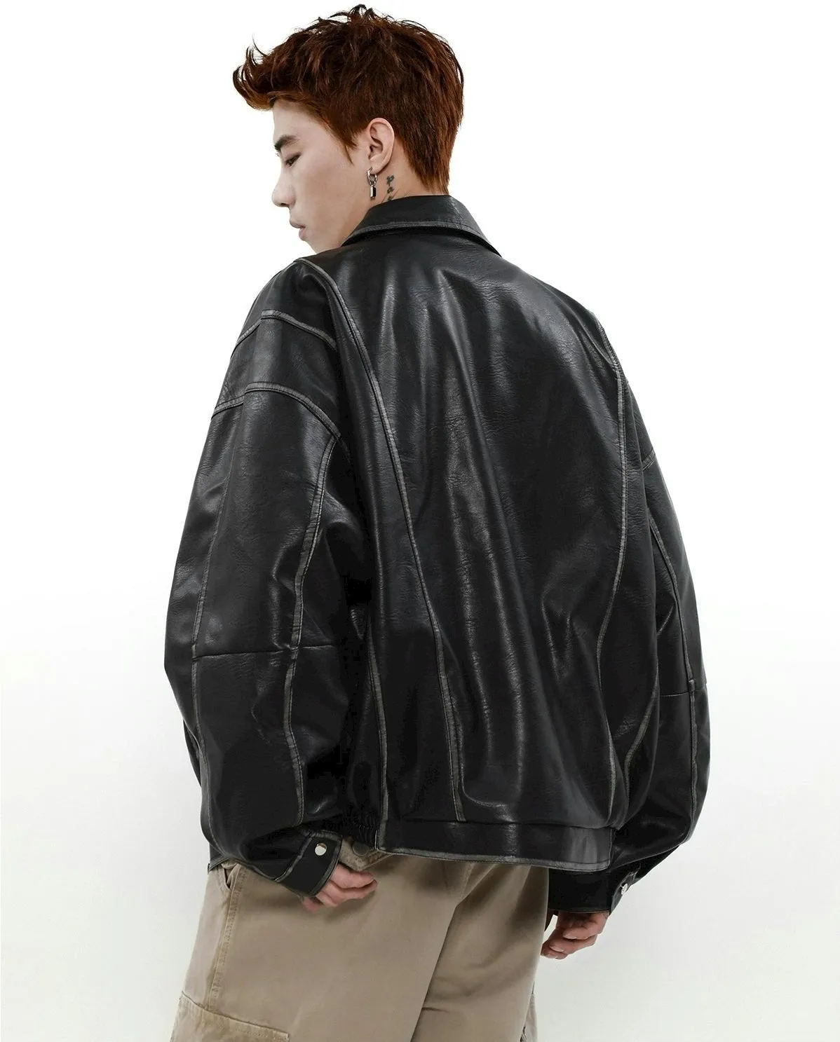 Faded Faux Leather Zip-Through Collared Bomber Jacket