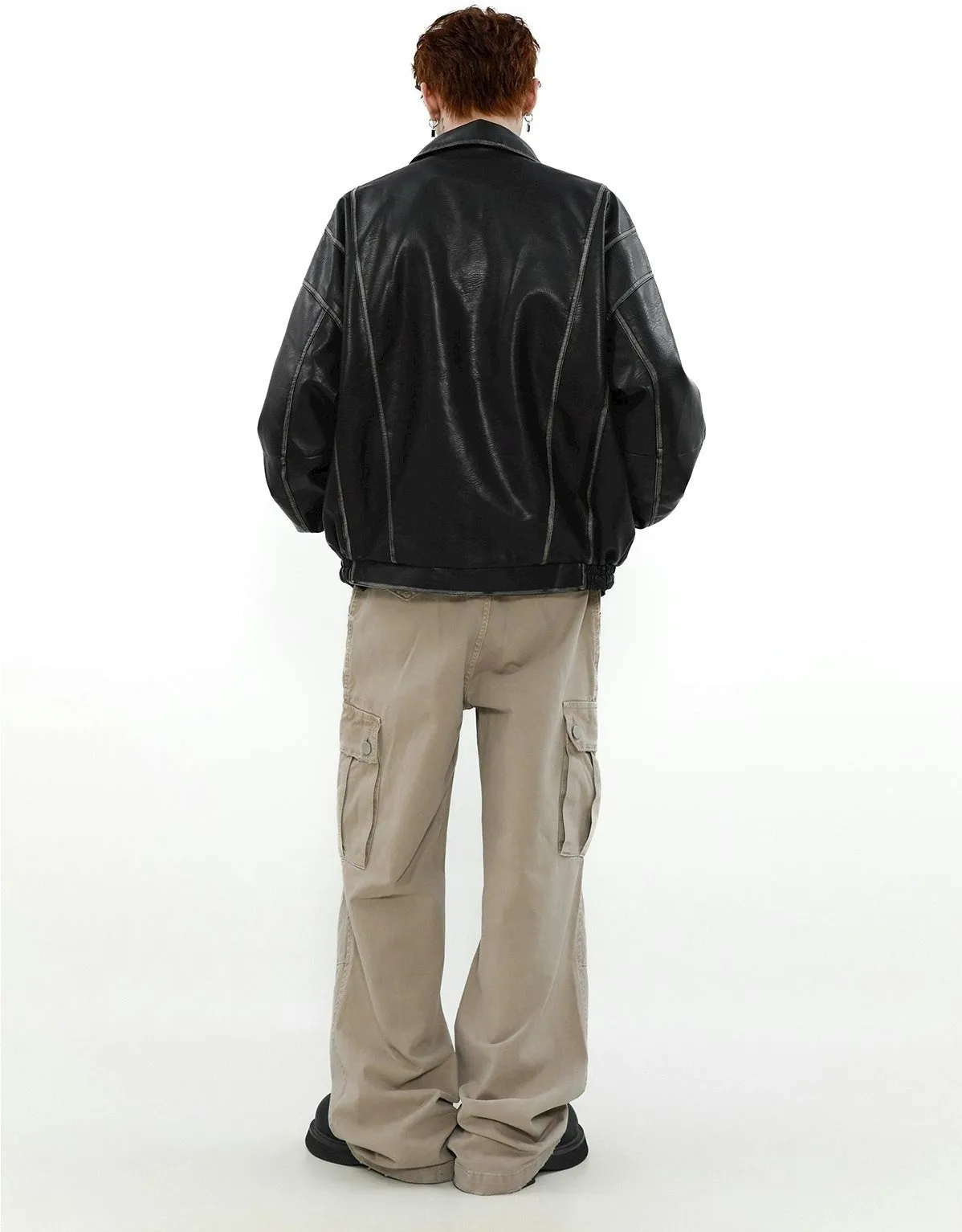 Faded Faux Leather Zip-Through Collared Bomber Jacket