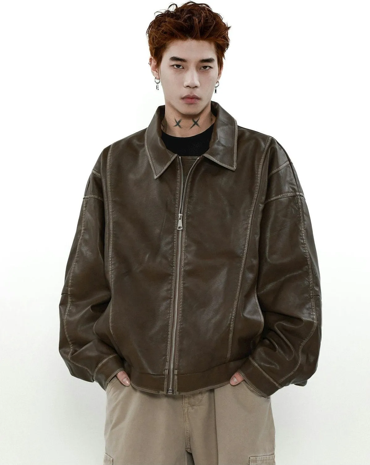 Faded Faux Leather Zip-Through Collared Bomber Jacket