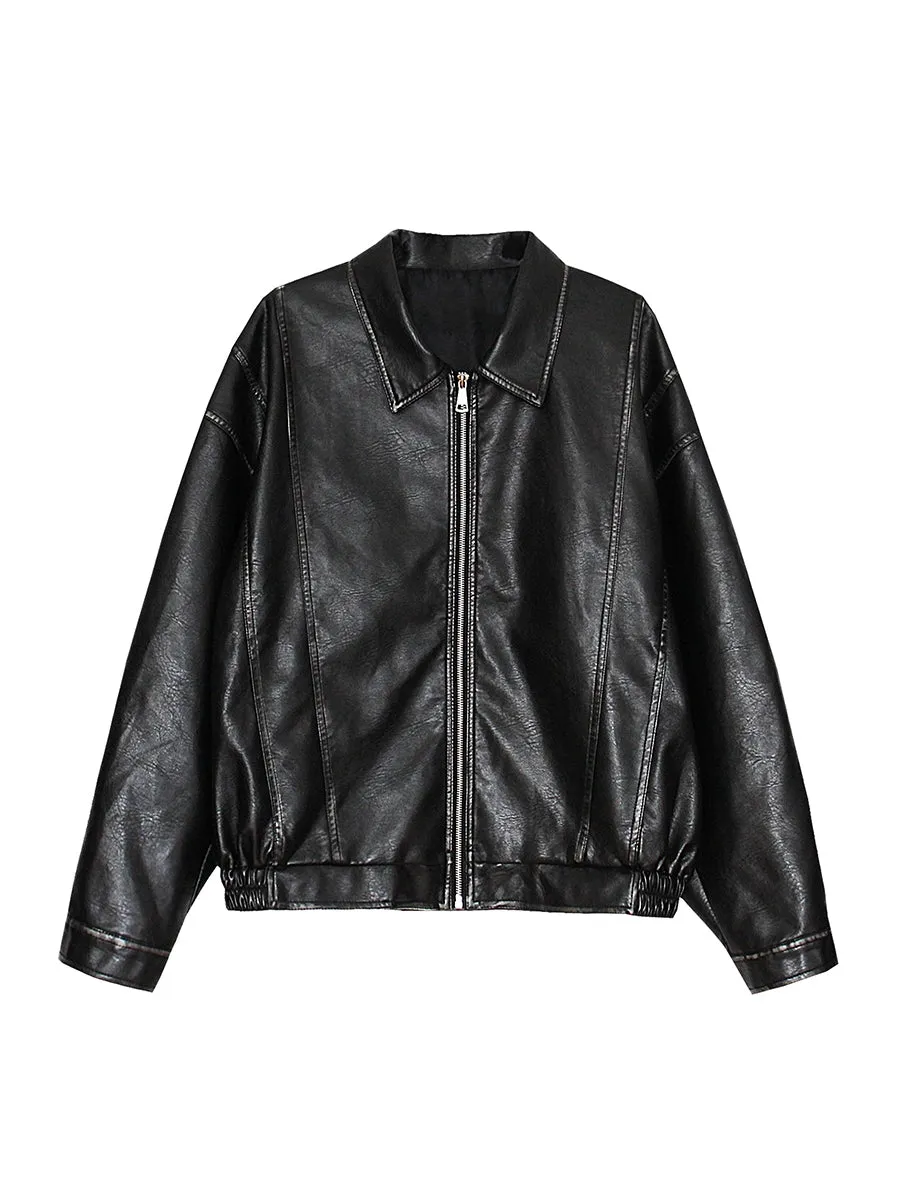 Faded Faux Leather Zip-Through Collared Bomber Jacket