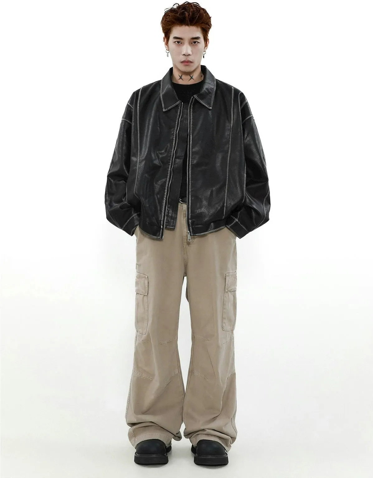 Faded Faux Leather Zip-Through Collared Bomber Jacket