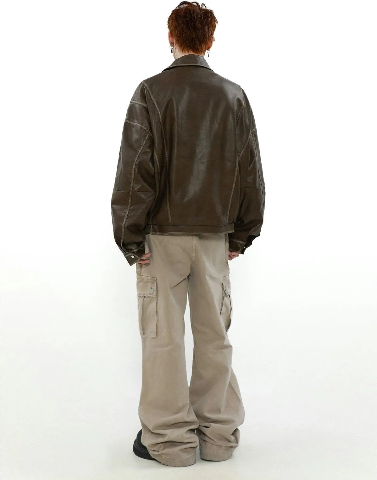 Faded Faux Leather Zip-Through Collared Bomber Jacket