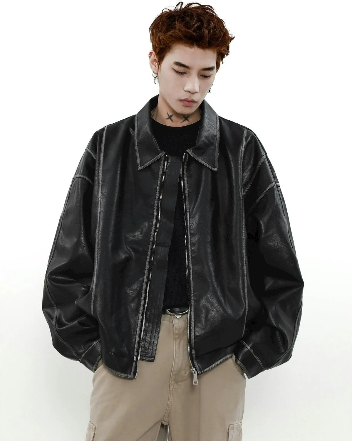 Faded Faux Leather Zip-Through Collared Bomber Jacket