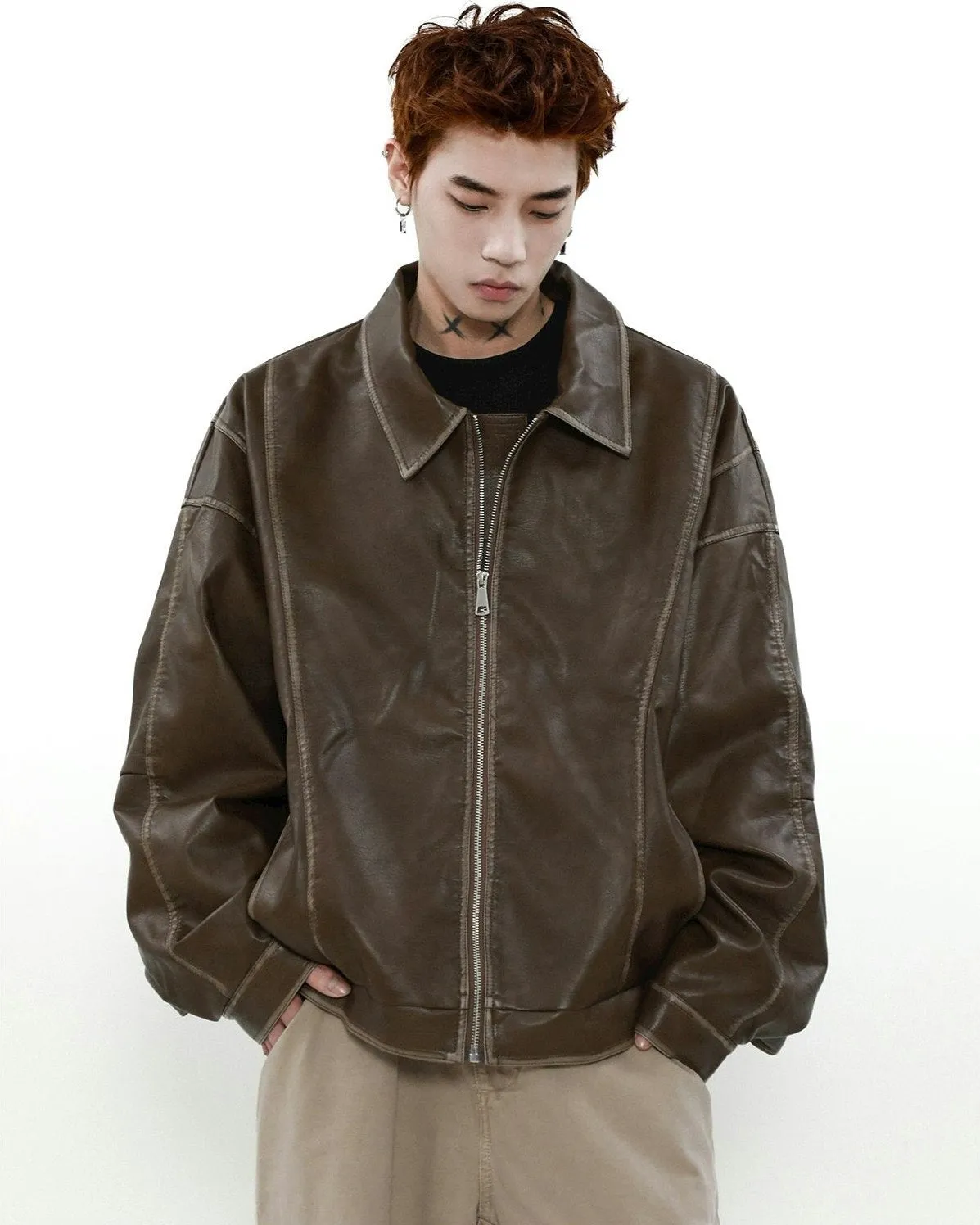 Faded Faux Leather Zip-Through Collared Bomber Jacket