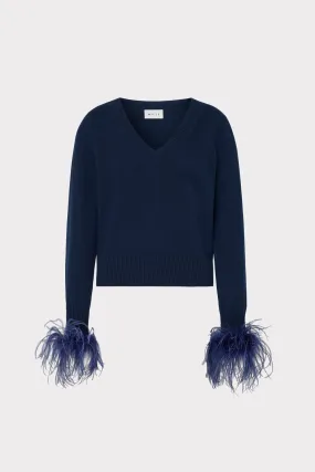 Feather Cuff V-Neck Sweater