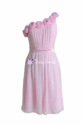 Floral One Shoulder Cocktail Bridesmaids Dress Ice Pink Wedding Party Dress (BM239)