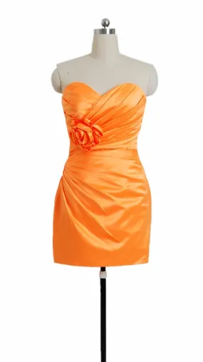 Fluorescent Orange Satin Bridesmaid Dress Cocktail Party Dress W/Handmade Flowers (BM2450)