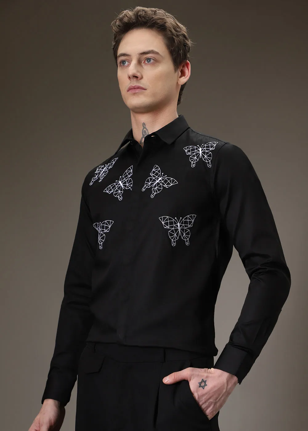 Flutter Embroidery Black Shirt