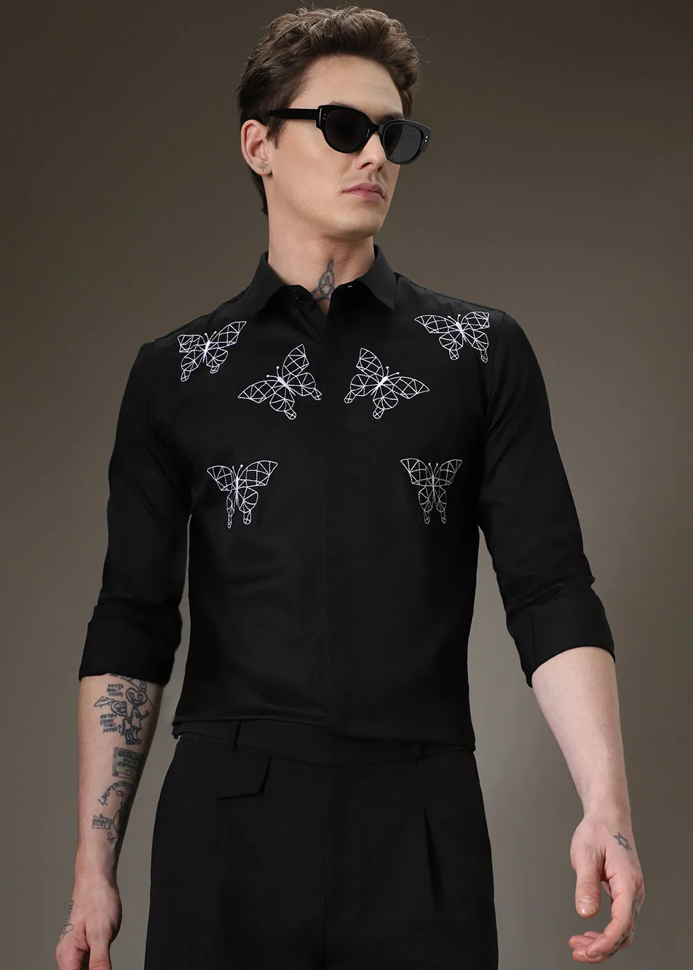 Flutter Embroidery Black Shirt