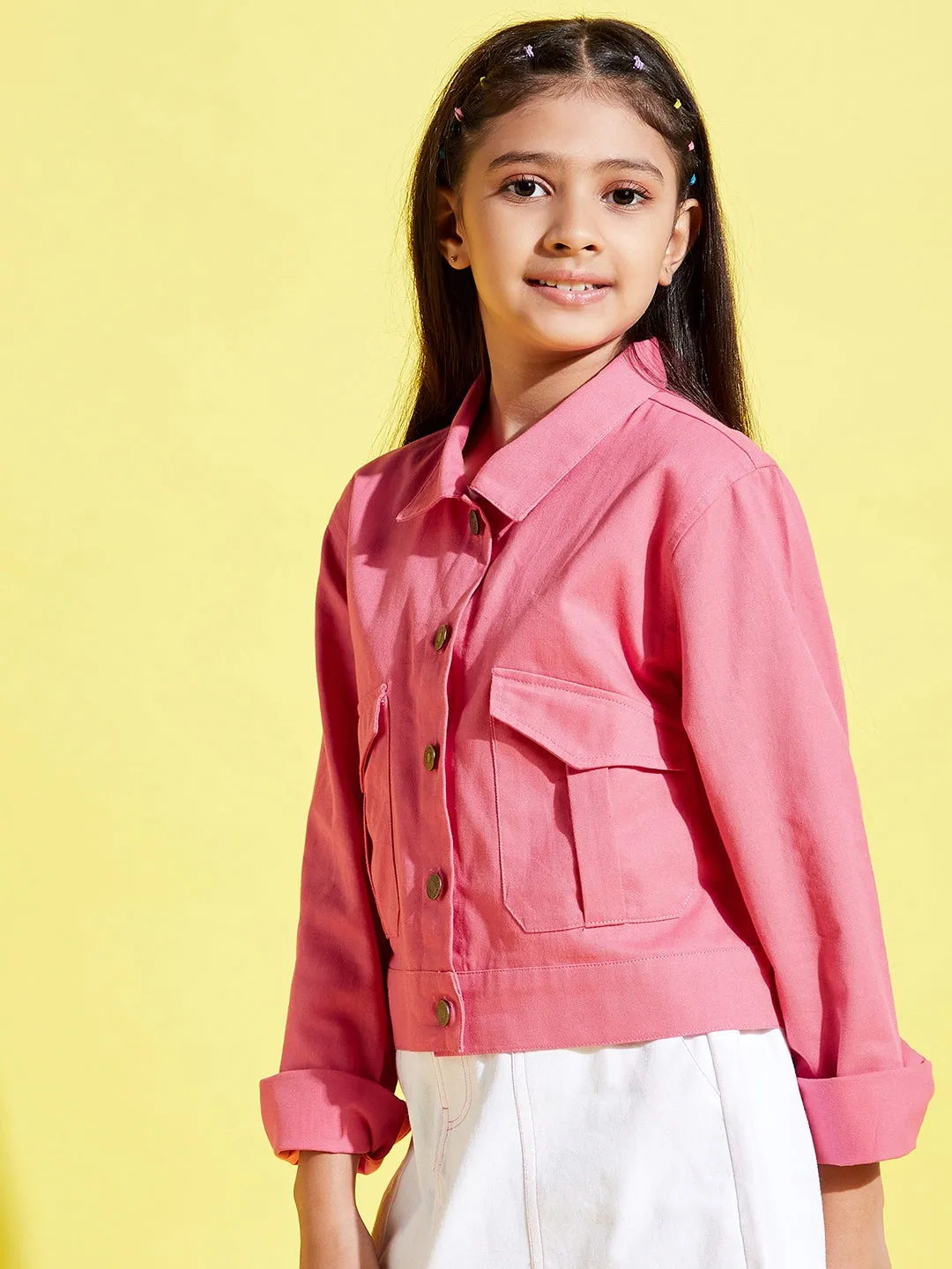 Girls Pink Front Button Twill Jacket