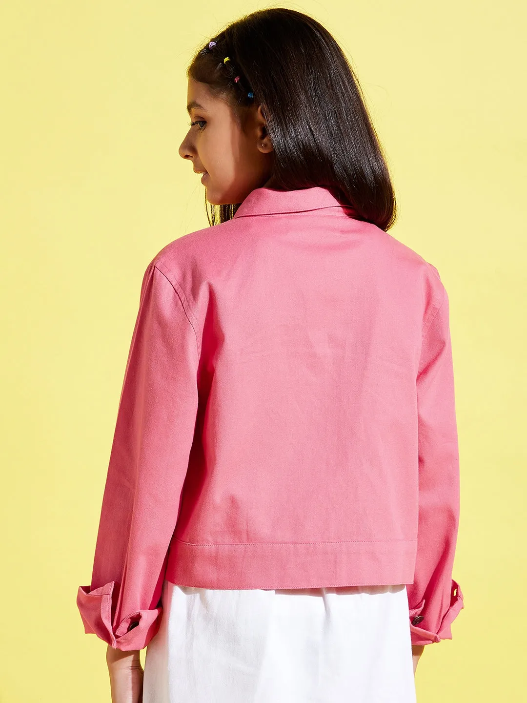 Girls Pink Front Button Twill Jacket