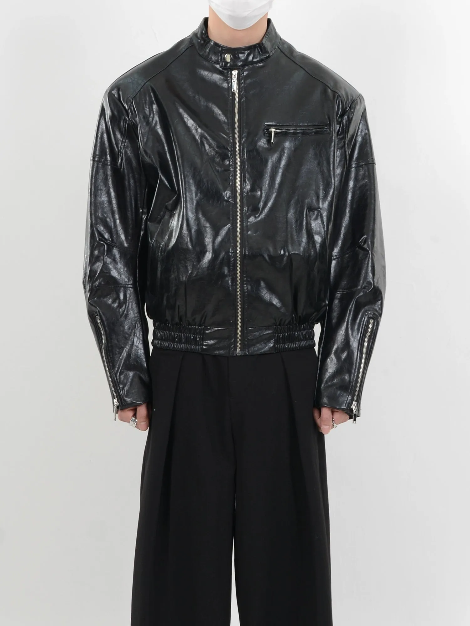 Glossy Bomber Jacket with Zipper Accents