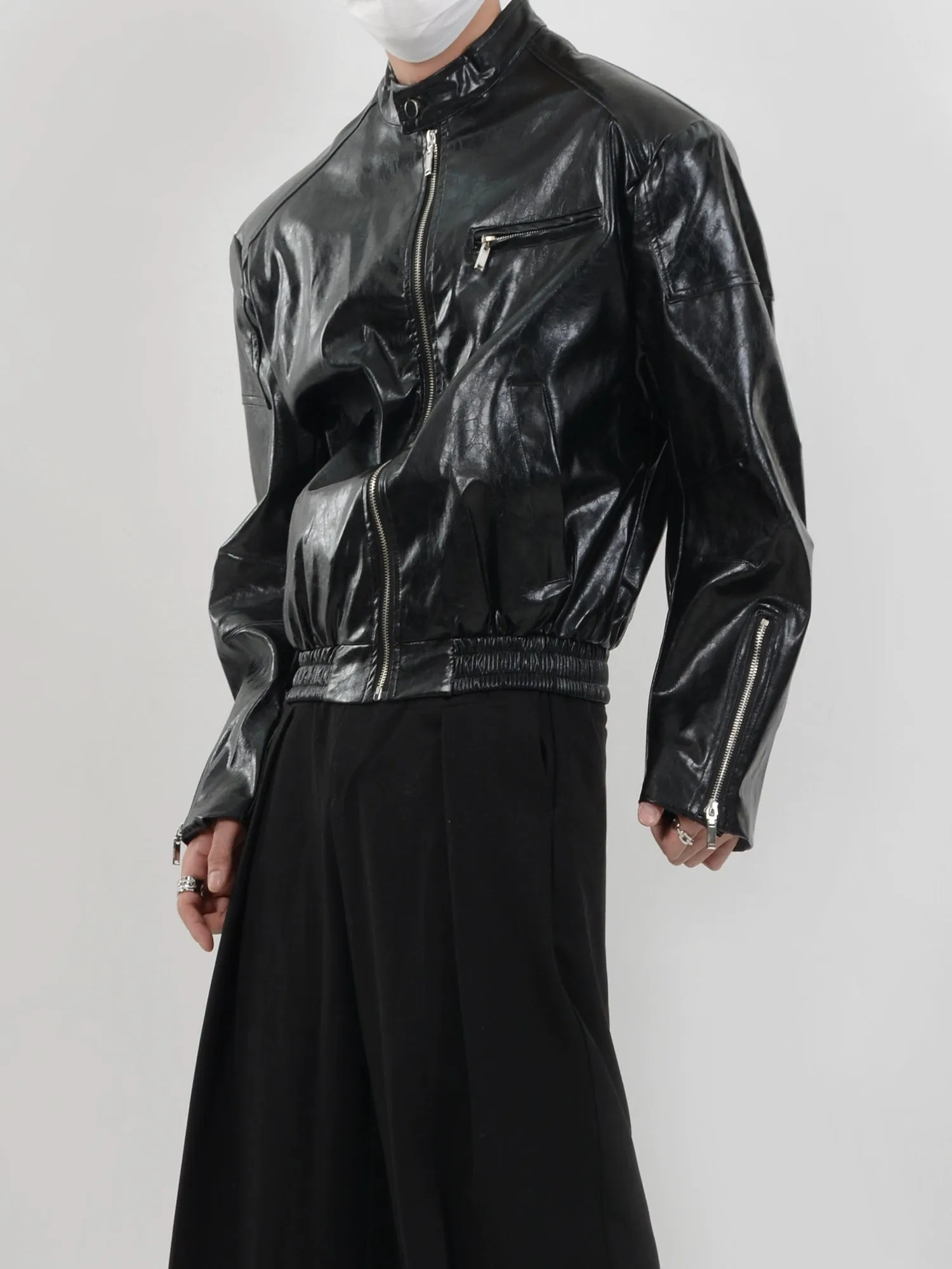 Glossy Bomber Jacket with Zipper Accents