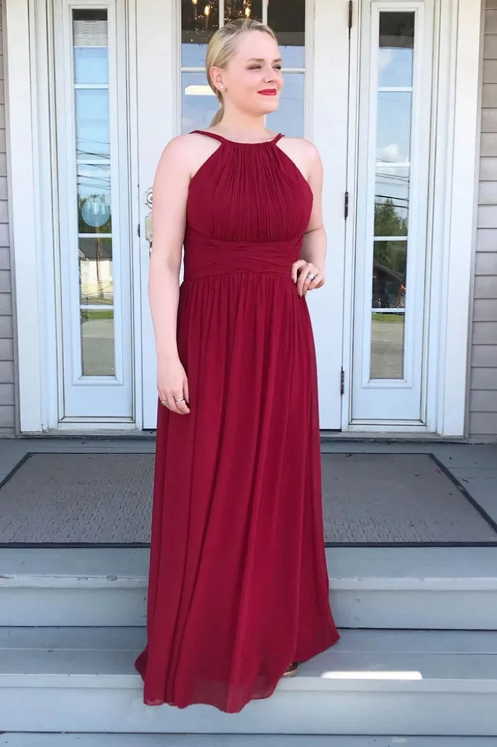 High Neck Chiffon Burgundy Bridesmaid Dress, Long Prom Party Dress OB277