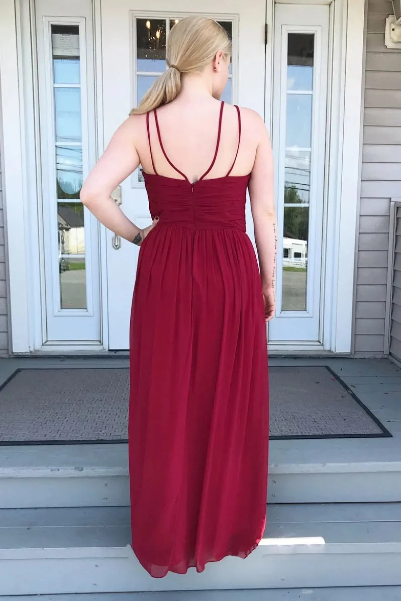 High Neck Chiffon Burgundy Bridesmaid Dress, Long Prom Party Dress OB277