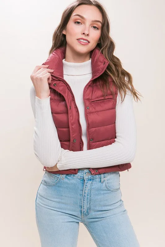 High Neck Zip Up Puffer Vest with Storage Pouch