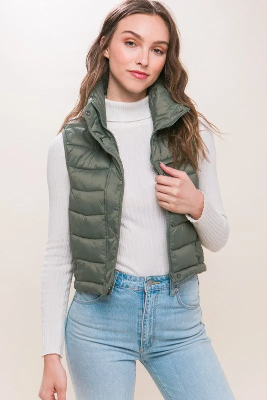 High Neck Zip Up Puffer Vest with Storage Pouch