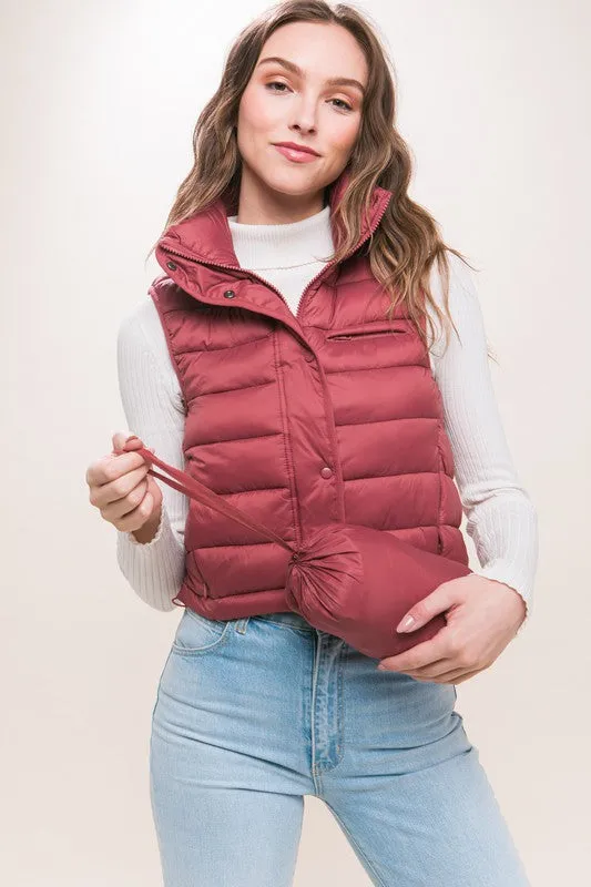 High Neck Zip Up Puffer Vest with Storage Pouch