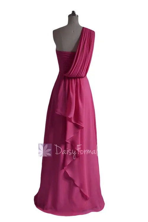 Hot Pink Floor Length One Shoulder Chiffon Bridesmaid Dress Evening Dress(BM452L)