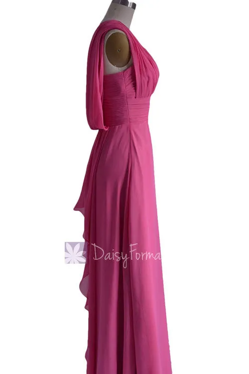 Hot Pink Floor Length One Shoulder Chiffon Bridesmaid Dress Evening Dress(BM452L)