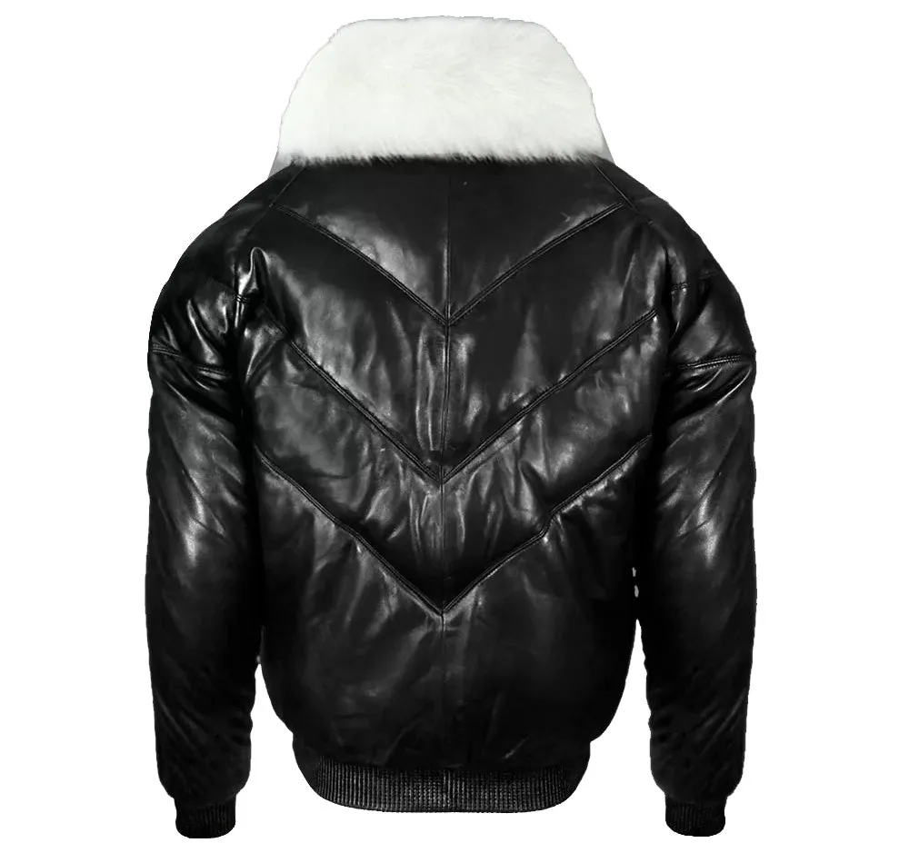 Iconic Black V-Bomber Jacket With Fur Collar - Leather Down Jacket