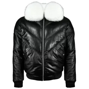 Iconic Black V-Bomber Jacket With Fur Collar - Leather Down Jacket