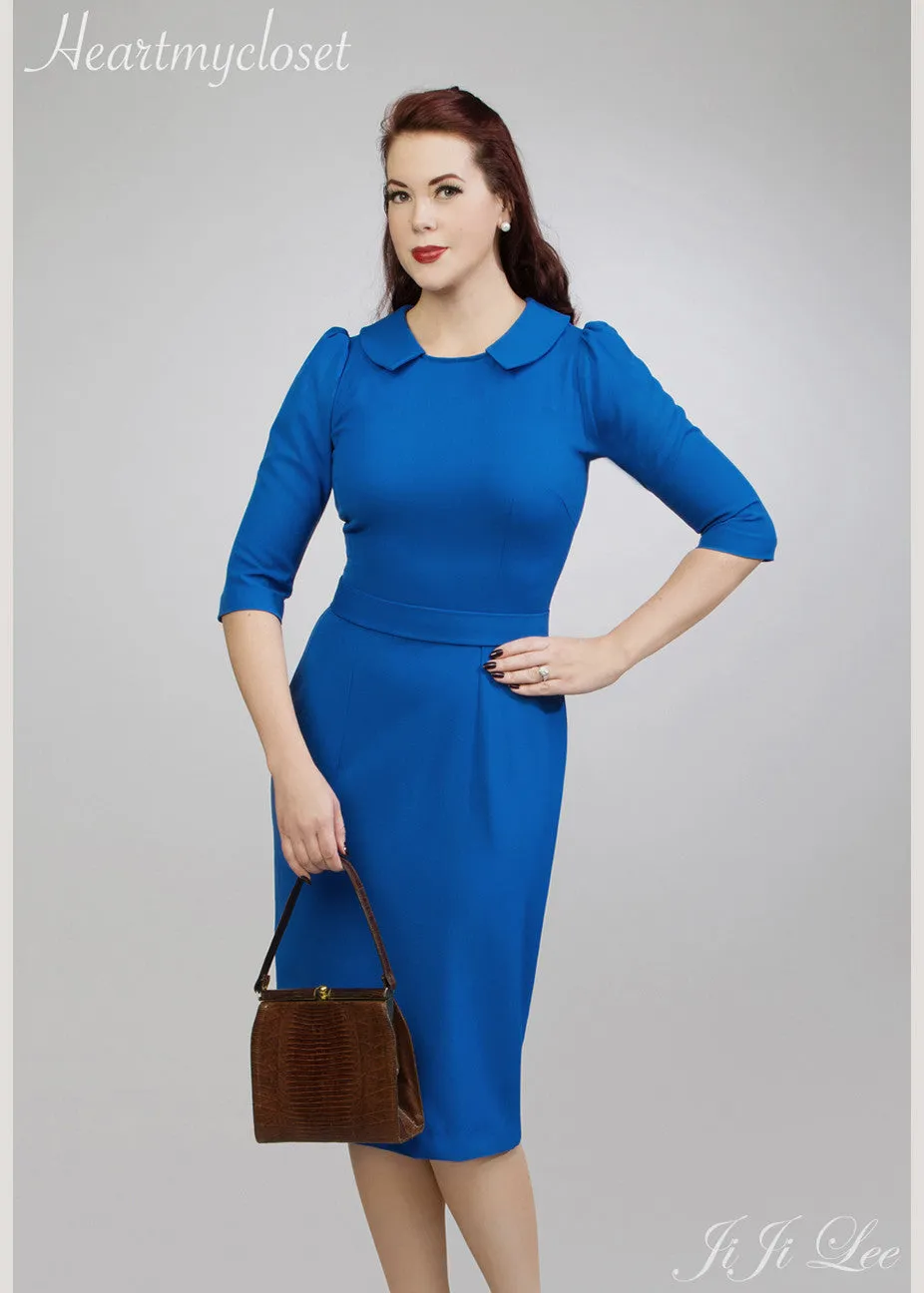 Kate Blue - blue wiggle dress with slight puff sleeves