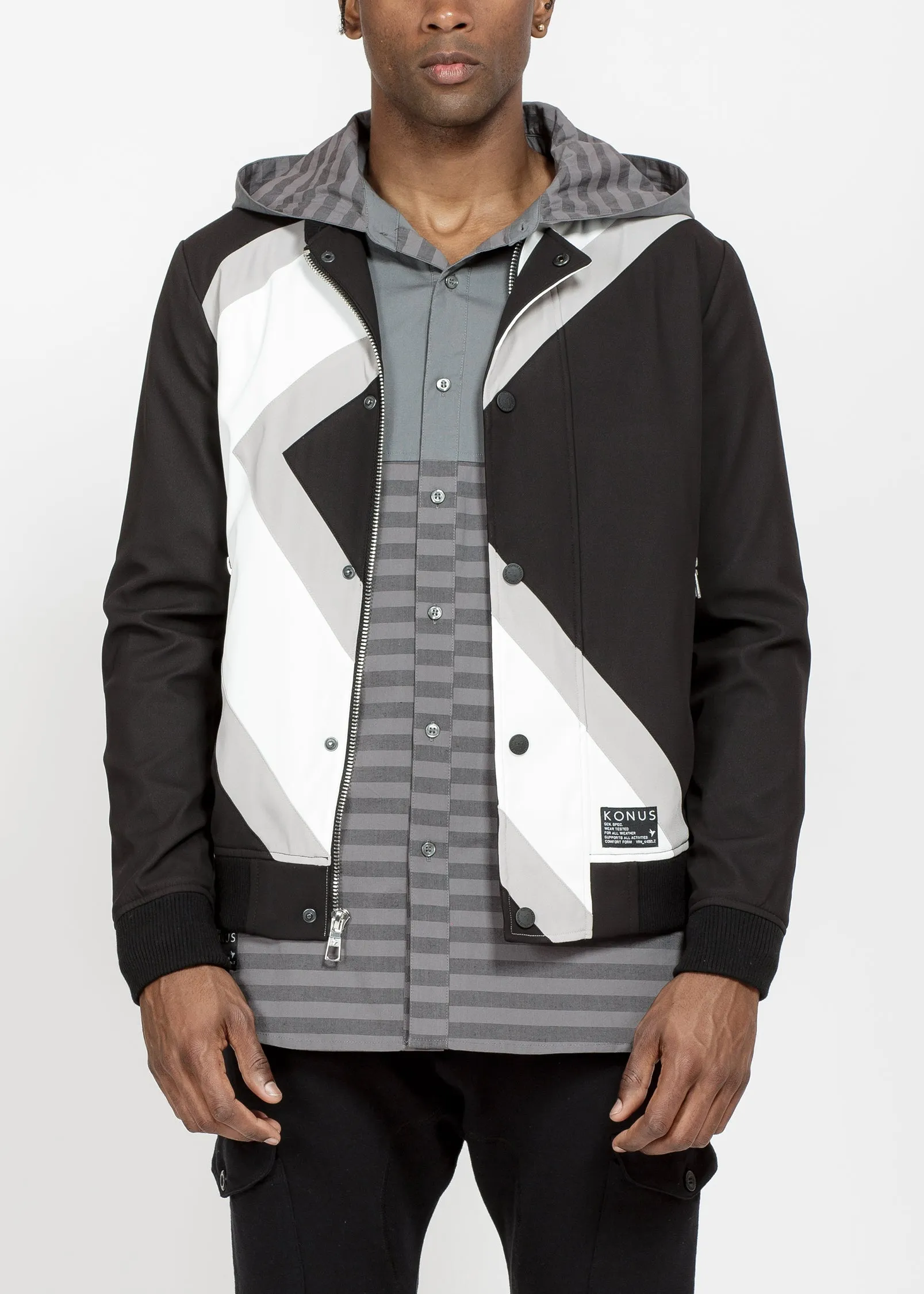 Konus Men's Bomber Jacket With Geometric Panels in Black