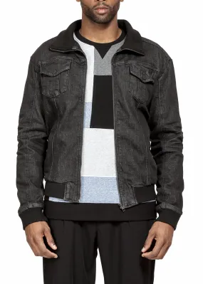 Konus Men's Washed Denim Rib Collar Jacket in Black