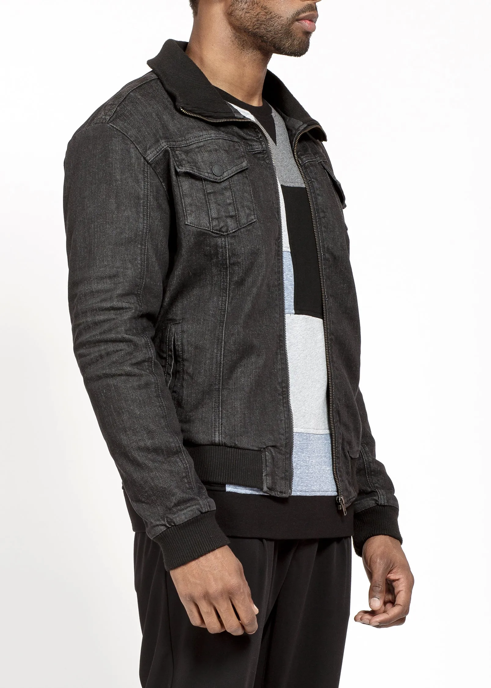 Konus Men's Washed Denim Rib Collar Jacket in Black