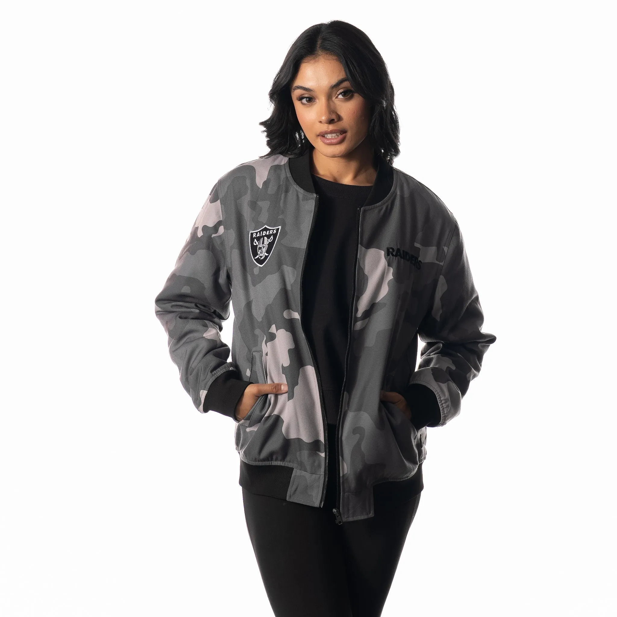 Las Vegas Raiders Unisex Camo Bomber - Camo Grey