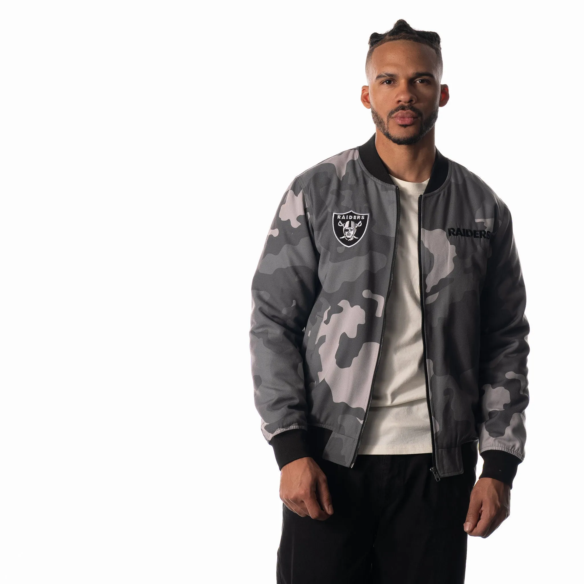 Las Vegas Raiders Unisex Camo Bomber - Camo Grey