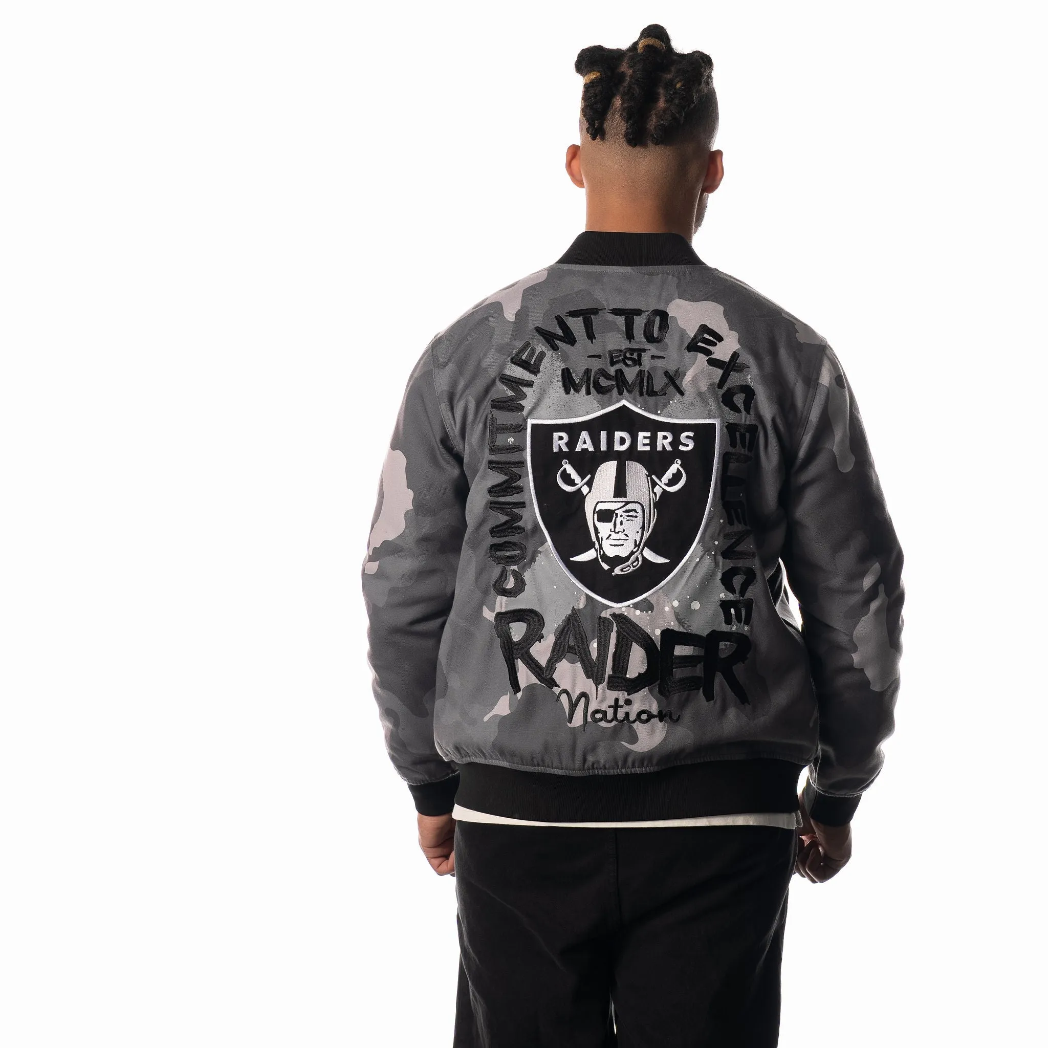 Las Vegas Raiders Unisex Camo Bomber - Camo Grey