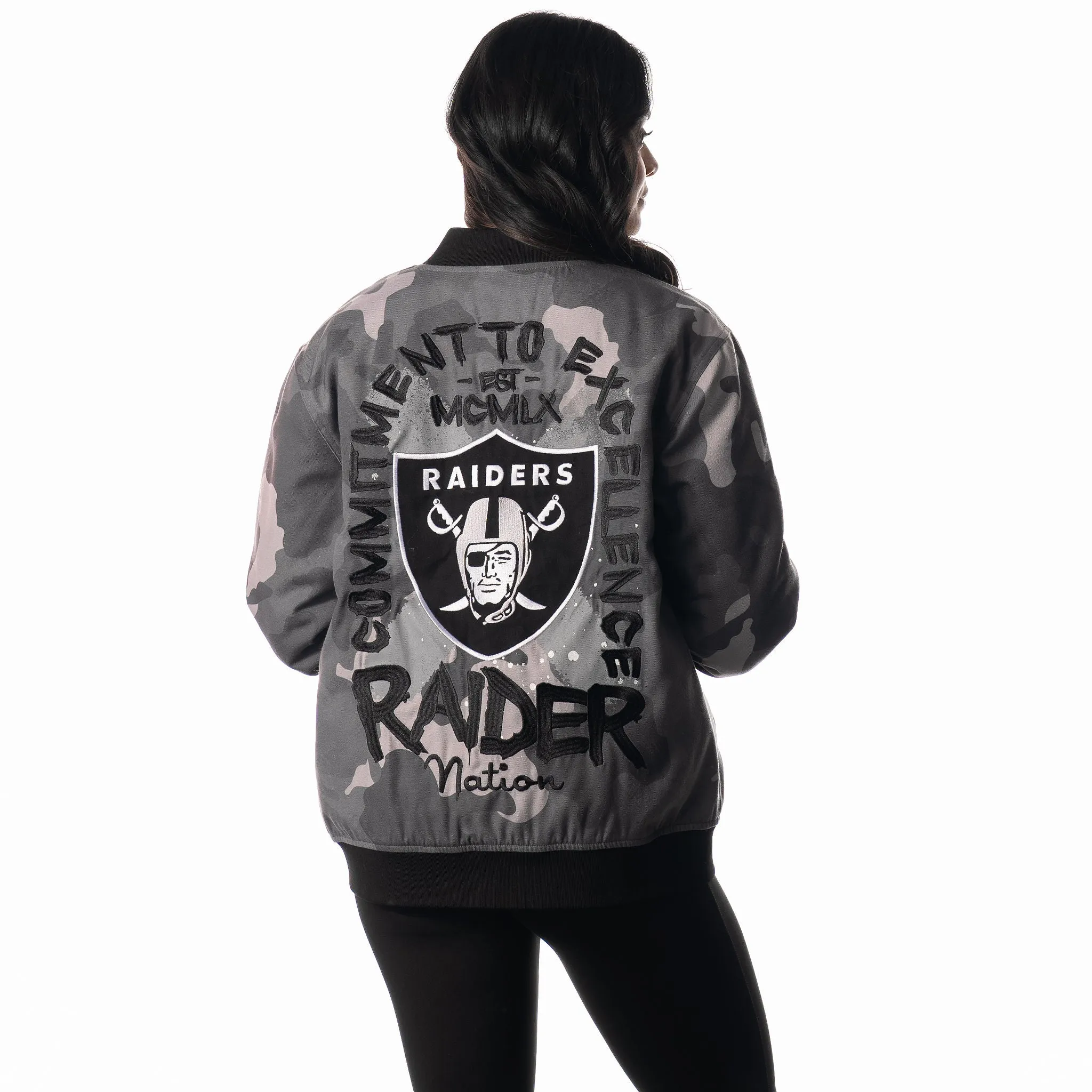 Las Vegas Raiders Unisex Camo Bomber - Camo Grey