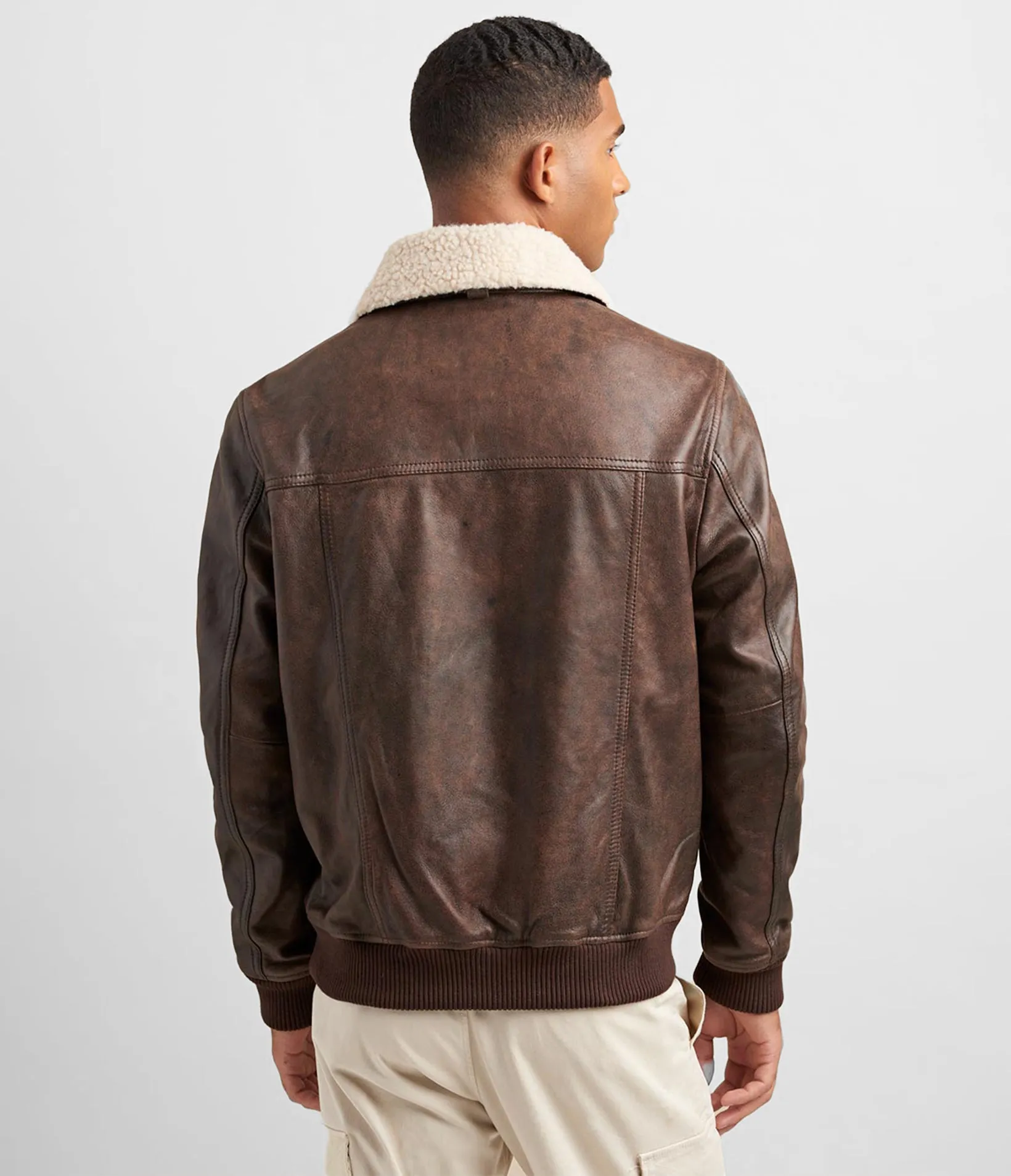 Leather Aviator Bomber With Detachable Faux Fur