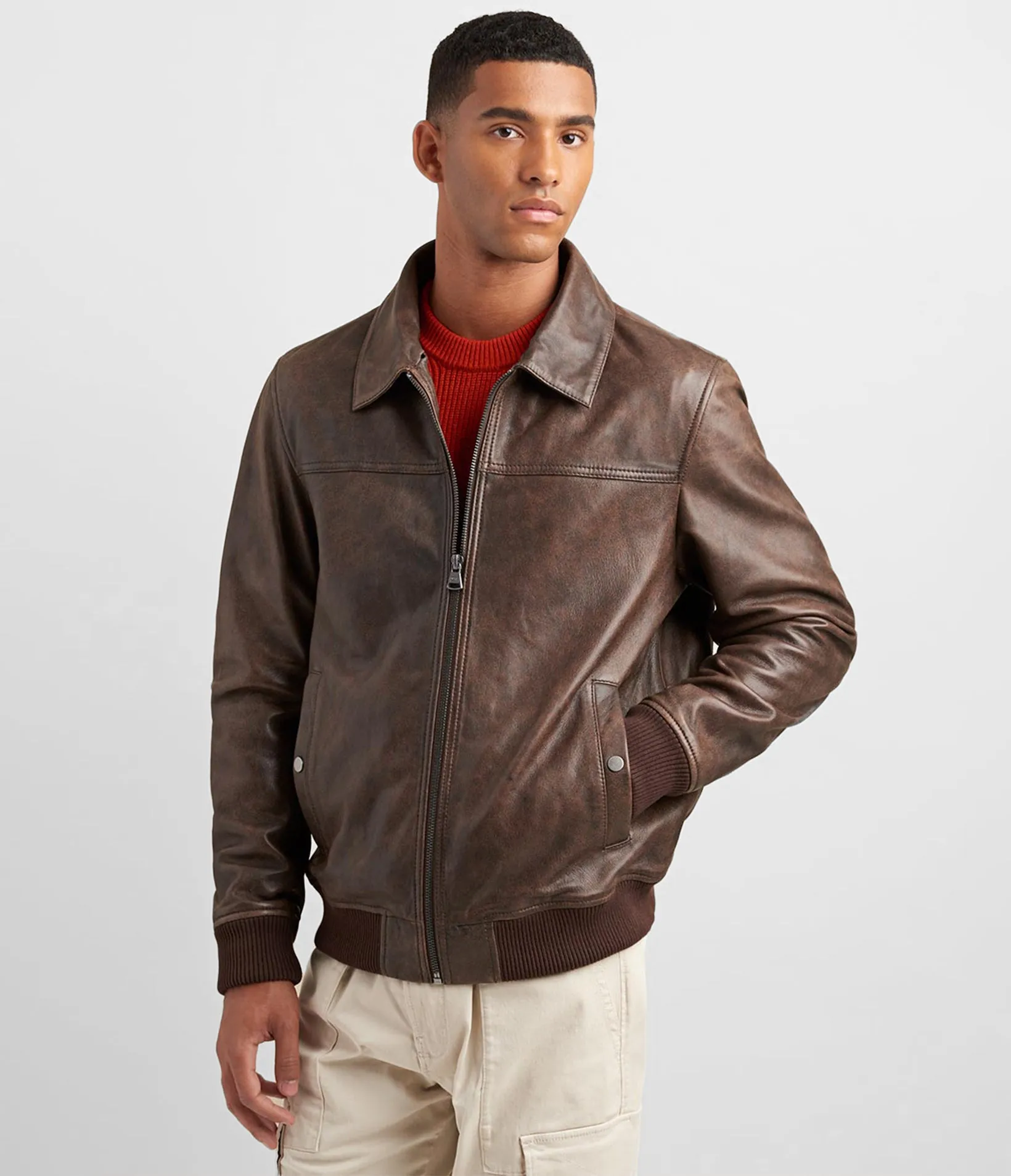 Leather Aviator Bomber With Detachable Faux Fur