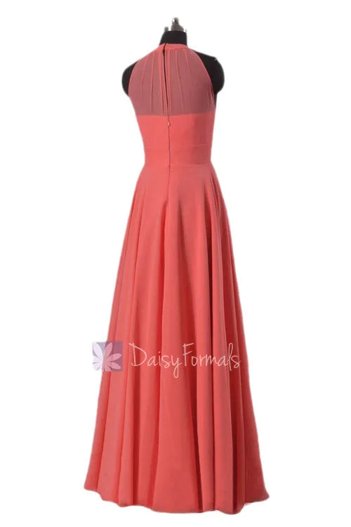 Long Chiffon Bridesmaid Dress Cyan Formal Dress W/Illusion Neckline(CST2225L)