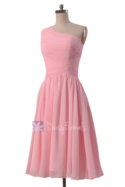 Lovely Short One Shoulder Chiffon Bridesmaid Dress Pleated Pink Formal Dress(BM351)