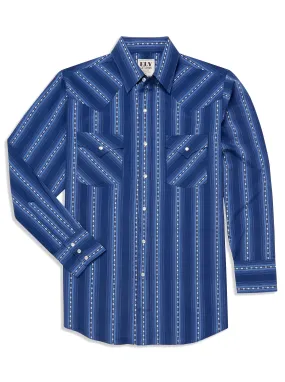 Men's Ely Cattleman Long Sleeve Textured Aztec Stripe Western Snap Shirt- Black & Navy