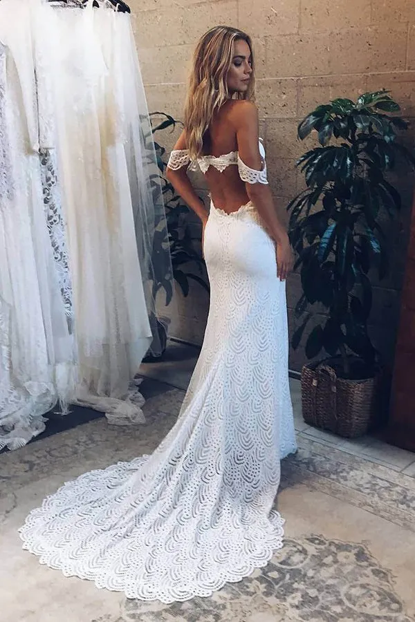 Mermaid Off-the-Shoulder Backless Lace Wedding Dress with Split W1124