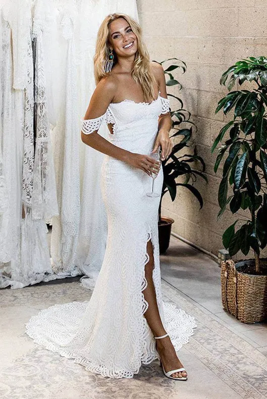 Mermaid Off-the-Shoulder Backless Lace Wedding Dress with Split W1124