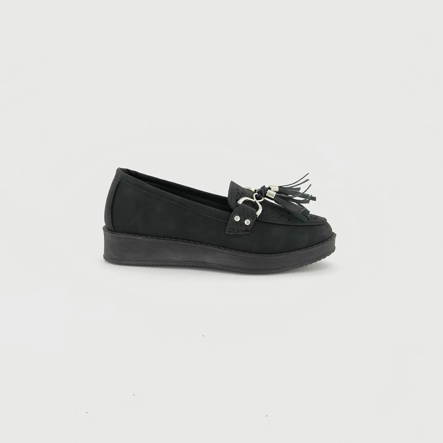 Pu Laser Cut Platform Loafer.Tassel Detail.